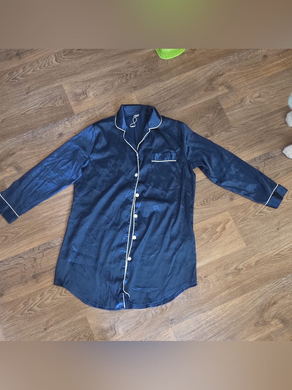 Navy Satin Pajama Shirt with White Piping